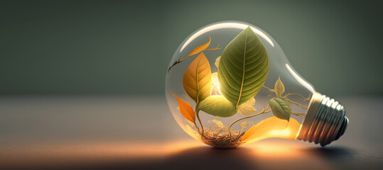 glowing light bulb with leaves inside bulb, isolated on background with copy space. concept of green alternative energy, eco friendly power, sustainability efficiency renewability. generative ai