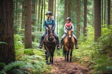 persons riding horse in the forest , ai generative