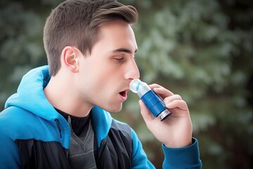 Young man  using blue asthma inhaler to prevent an asthma attack.Health and medicine, ai generative