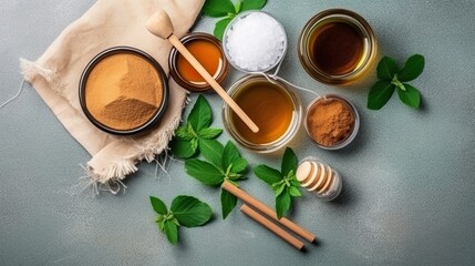 Variety of sweeteners - Stevia, sugar, pollen and honey, ai generative
