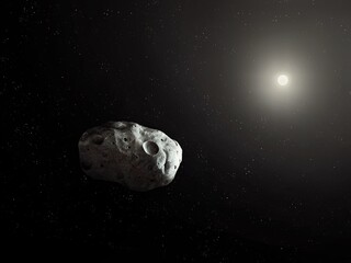 Large asteroid in the solar system. A dangerous space body threatens life on Earth. Meteorite isolated on black background. © Nazarii