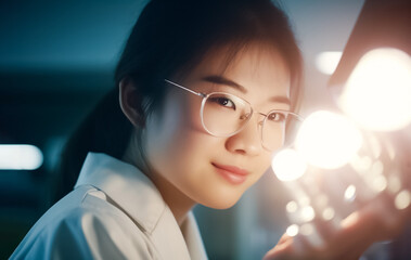 A brilliant Asian female scientist fearlessly experiments with new compounds and chemicals in her laboratory on dark background. generative AI
