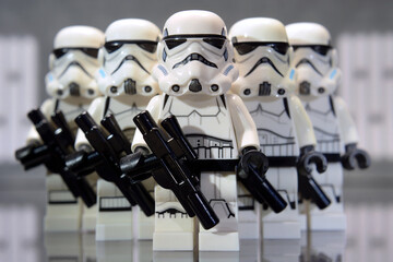 Fototapeta premium Lego Star Wars figures Stormtrooper in military formation on a deck of the Death Star