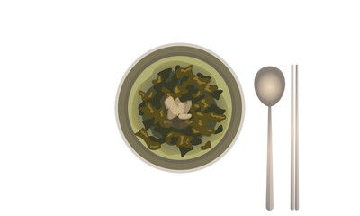 한국 전통 음식 미역국, 소고기 미역국, 생일 음식, 벡터, 일러스트 Seaweed soup, birthday food, Korean food, beef seaweed soup