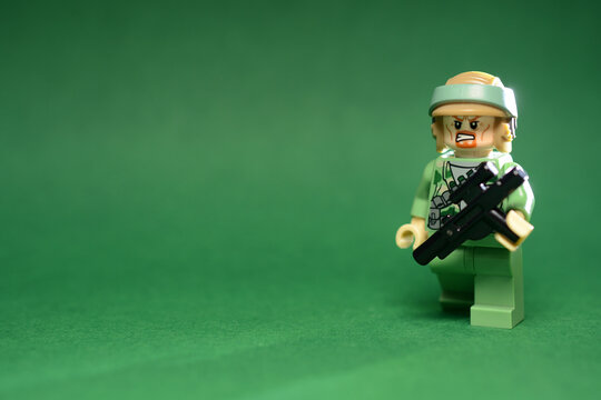 Lego Star Wars figure Endor Rebel Soldier in front of green background