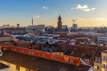 Helsingborg landscape with its colorful architecture and shingle roofed buidlings