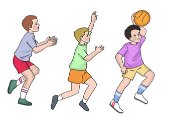 Obraz premium with three boys playing basketball on white background