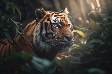Obraz na płótnie Canvas Close-up of a Sumatran tiger in a jungle. ai generative
