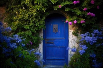 Fototapeta na wymiar door with flowers over ,flowers on the outside of the doors ,ai generative