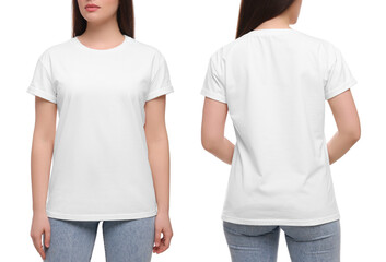 Woman wearing casual t-shirt on white background, closeup. Collage with back and front view photos....