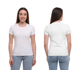 Woman wearing casual t-shirt on white background, mockup for design. Collage with back and front view photos