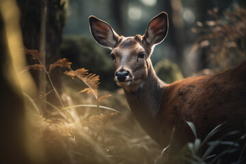 deer in the dense forest. wild creature capreolus. ai generative