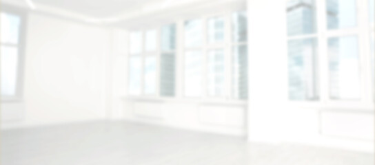 Fototapeta na wymiar Modern office room with white walls and windows, blurred view. Banner design