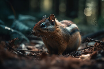 Naklejka na ściany i meble Landscape with a chipmunk in the forest. close-up. ai generative