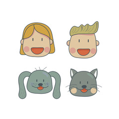 set of icons of people of different sexes and muzzles of the second. People and animals together. Smiling man, woman, cat, dog on a white background. Set of color vector illustrations.