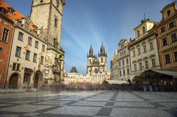 Cityscape of Prague, Czech. Daytime Long Exposure with Filter. Old Town Square. Astronomical clock tower