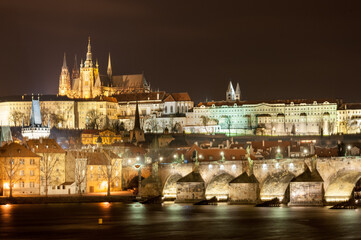 Night Cityscape of Prague, Czech. St. Vitus Cathedral, Castle and Palace in Background. Vltava...