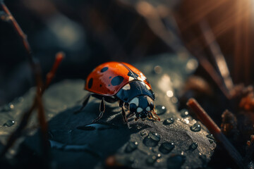 Ladybug sits on a pebble in the grass, on a warm spring day. ai generative