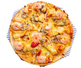 Top view of Hawaiian thin crust pizza, shrimp, pineapple, mushroom,champignon muchroom on white paper isolate on transparent background, PNG File