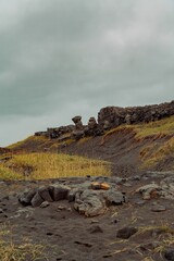 Aerial view of rocky field with sand