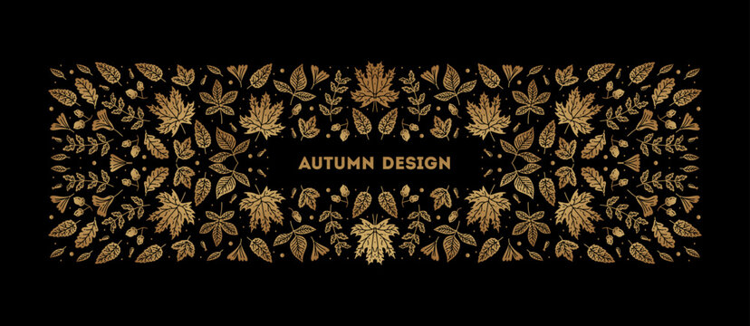 Luxury style banner with space for text. Vector leaves wedding cover template Bright golden art decoration shape. Elegant decoration for cosmetics, vine, perfume, health products