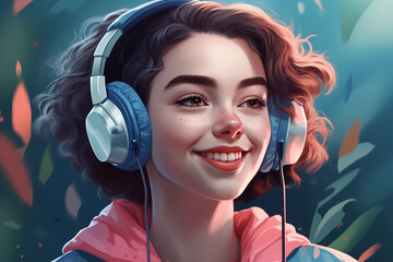 Cute smiling young hipster woman in headphones, curly short hairstyle. Stylish happy teenager with freckles enjoying music. Portrait illustration Generative AI