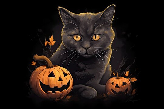 halloween cat with pumpkin, ai generative