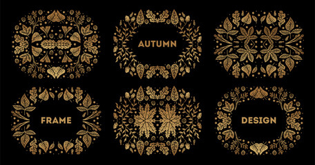 Set of leaves cover templates, decorative nature borders, round floral frame shape. Bright golden and black art decoration set. Autumn collection. Vintage banner for decor, print, textile, wallpaper,