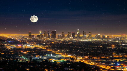 Los Angeles at night panorama starry sky and big moon.skyline view from plane banner,generated ai