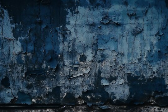 Black dark navy blue old painted wall texture background for design. Toned rough concrete surface. A painted old building wall with cracks. Close - up. Generative AI