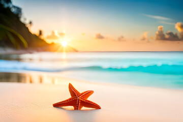 Fototapeta na wymiar starfish on the beach with sunset