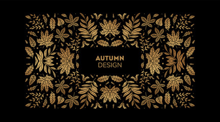 Vector leaves cover template, decorative wedding border. Bright golden art decoration shape. Luxury style banner with space for text. Elegant decoration for cosmetics, vine, perfume, health products