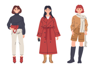 Fashionable young women. Stylish girls wearing casual outfits. Elegant modern fashion looks flat cartoon vector illustration set