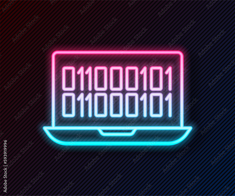 Poster glowing neon line binary code icon isolated on black background. vector