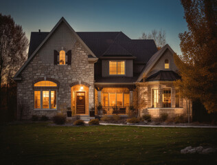 beautiful luxurious Home exterior on suburban town. Soft lighting. Night shot. Luxury concept. Generative AI.