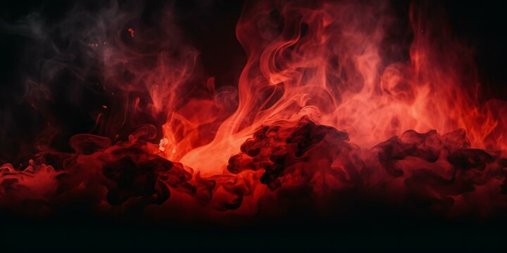 Black fiery red abstract background. Fire background with space for design, banner. Flame and smoke. Armageddon, apocalypse, spooky, halloween, inferno, hell, evil concept. Generative AI