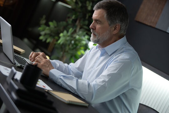 Businessman using laptop computer in office. Happy mature aged man, entrepreneur, small business owner working online.