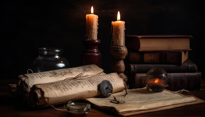 Fototapeta na wymiar Workplace of a scientist or writer of past centuries by candlelight