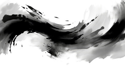 Chinese ink black and white abstract wallpaper. Simple minimal banner of brush strokes. Artistic japanese painting. Tradition zen banner. Splash of paint. Card paper with dark isolated stains texture © Fortis Design