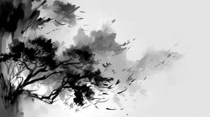 Obraz premium Chinese ink black and white abstract wallpaper. Simple minimal banner of brush strokes. Artistic japanese painting. Tradition zen banner. Splash of paint. Card paper with dark isolated stains texture