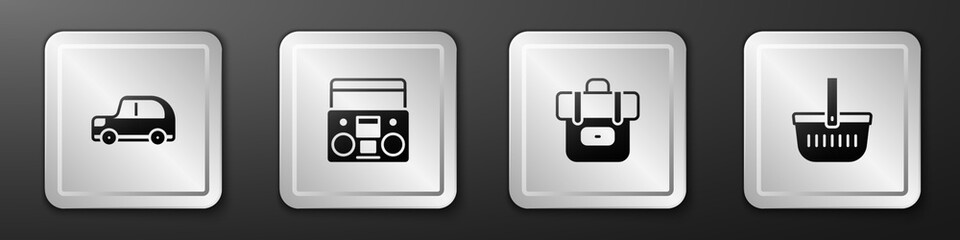 Set Car, Home stereo with two speakers, Hiking backpack and Picnic basket icon. Silver square button. Vector