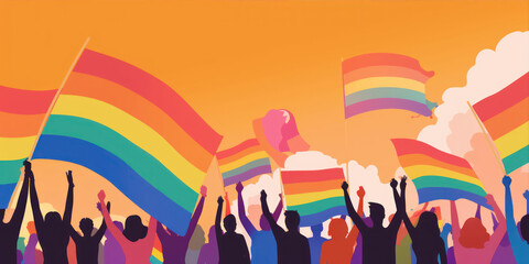 Happy people holding lgbt flags and waving their hands. Vector illustration. generative ai - obrazy, fototapety, plakaty