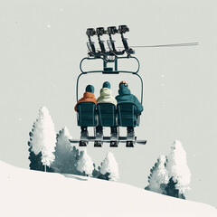 Friends on a chairlift on a ski slope. Generative AI. - obrazy, fototapety, plakaty