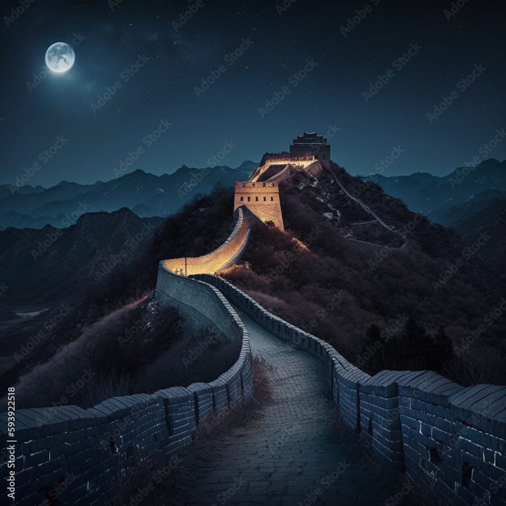 Sticker Great Wall Chinese at night. Generative AI.