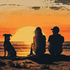 Couple with a dog on a tropical beach at sunset on summer vacation. Generative AI.