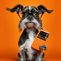 Dog with bills and calculator. Generative AI.