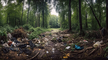 Pile of garbage in the forest. Environmental pollution. Ecology concept, Generative AI