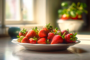 Strawberries on a plate in a bright kitchen. AI generativ
