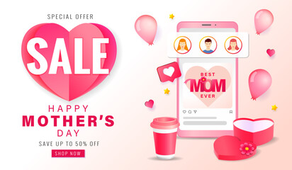 Mothers day Sale up to 50 off web banner with paper heart and smartphone. Concept for Mother's Day promotion with heart gift box and insta icons. Vector illustration