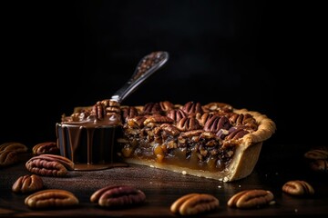 a slice of pecan pie on a black surface with a few pecans on the side of the slice and a few pecan on the top of the pie.  generative ai